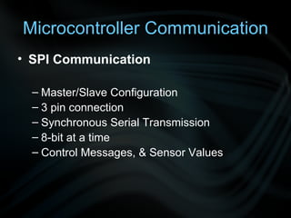 Microcontroller Communication SPI Communication Master/Slave Configuration 3 pin connection Synchronous Serial Transmission 8-bit at a time Control Messages, & Sensor Values 