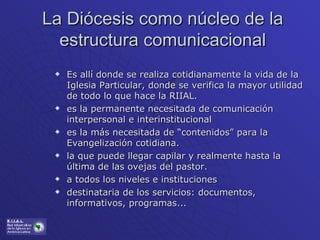 La Diócesis como núcleo de la estructura comunicacional Es allí donde se realiza cotidianamente la vida de la Iglesia Particular, donde se verifica la mayor utilidad de todo lo que hace la RIIAL. es la permanente necesitada de comunicación interpersonal e interinstitucional es la más necesitada de “contenidos” para la Evangelización cotidiana. la que puede llegar capilar y realmente hasta la última de las ovejas del pastor. a todos los niveles e instituciones destinataria de los servicios: documentos, informativos, programas... 
