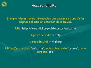 Acceso: El URL Ejemplo: Necesitamos información que aparece en una de las páginas del sitio en Internet de la RIIAL. URL  http://www.riial.org/cfd/cursos/web.htm Tipo de servidor =  http Dirección DNS =  riial.org Ubicación = archivo “ web.htm ”, en la subcarpeta “ cursos ”, de la carpeta “ cfd ” 