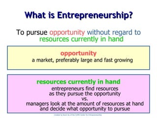 What is Entrepreneurship? To pursue  opportunity   without regard to  resources currently in hand opportunity a market, preferably large and fast growing resources currently in hand entrepreneurs find resources as they pursue the opportunity vs. managers look at the amount of resources at hand and decide what opportunity to pursue Created by Kevin Au of the CUHK Center for Entrepreneurship 