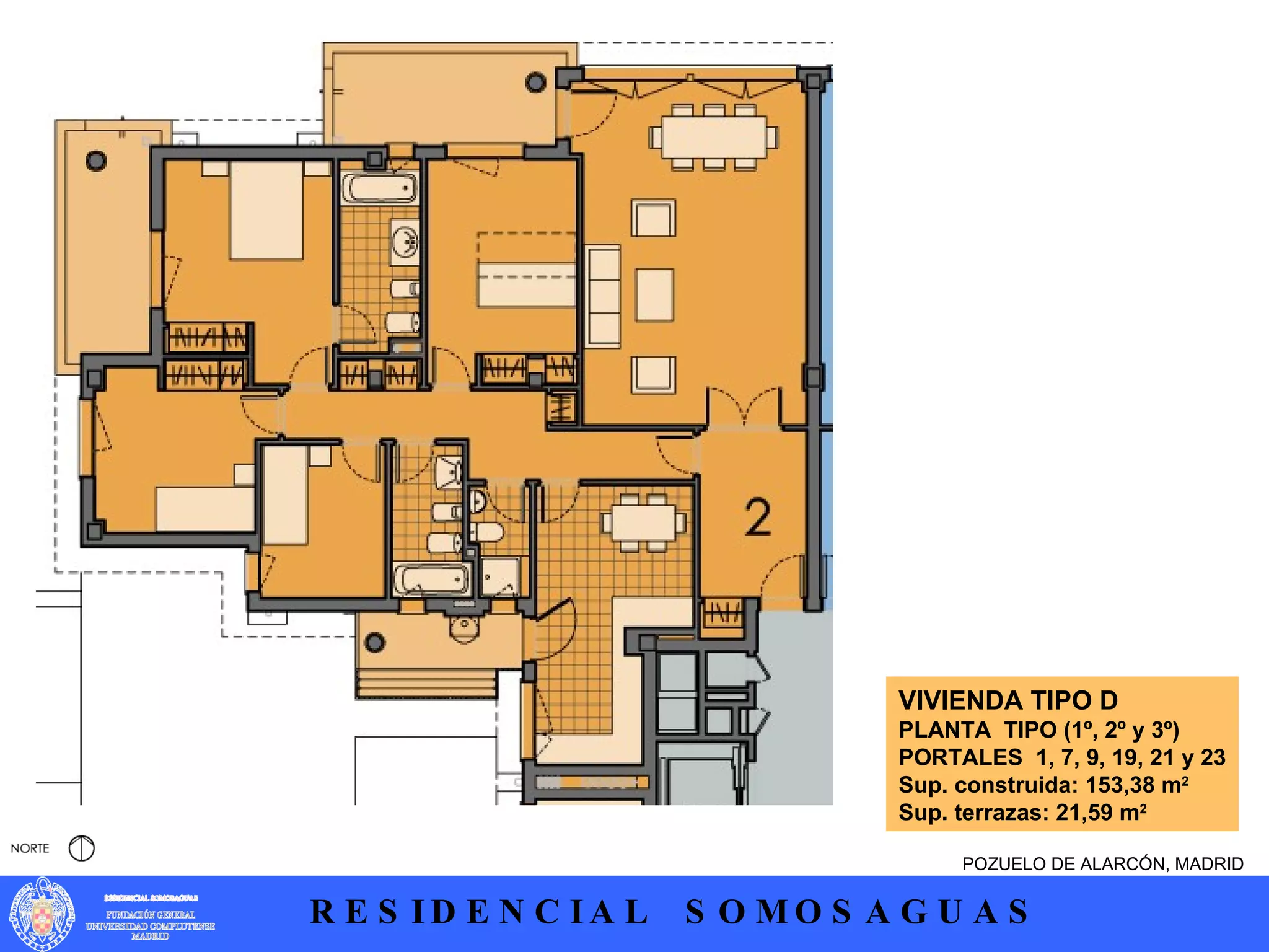 POZUELO DE ALARCÓN, MADRID VIVIENDA TIPO D PLANTA  TIPO (1º, 2º y 3º)  PORTALES  1, 7, 9, 19, 21 y 23 Sup. construida: 153,38 m 2 Sup. terrazas: 21,59 m 2 
