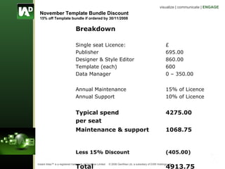 November Template Bundle Discount 15% off Template bundle if ordered by 30/11/2008 Breakdown Single seat Licence:  £ Publisher 695.00 Designer & Style Editor 860.00 Template (each)  600 Data Manager 0 – 350.00 Annual Maintenance  15% of Licence  Annual Support  10% of Licence Typical spend  4275.00 per seat  Maintenance & support  1068.75   Less 15% Discount   (405.00)  Total  4913.75 
