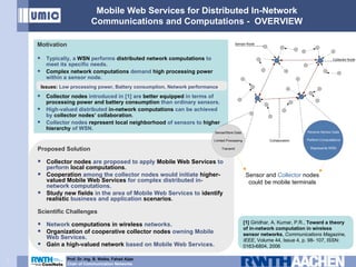 Mobile Web Services for Distributed In-Network Communications and Computations -  OVERVIEW ,[object Object],[object Object],[object Object],[object Object],[object Object],[object Object],Sensor  and  Collector  nodes could be mobile terminals [1]   Giridhar, A. Kumar, P.R.,  Toward a theory of in-network computation in wireless sensor networks ,  Communications Magazine, IEEE , Volume 44, Issue 4, p. 98- 107, ISSN: 0163-6804, 2006 ,[object Object],[object Object],[object Object],[object Object],[object Object],[object Object],[object Object],[object Object],Issues:   Low processing power, Battery consumption, Network performance Prof. Dr.-Ing. B. Walke, Fahad Aijaz Chair of Communication Networks 