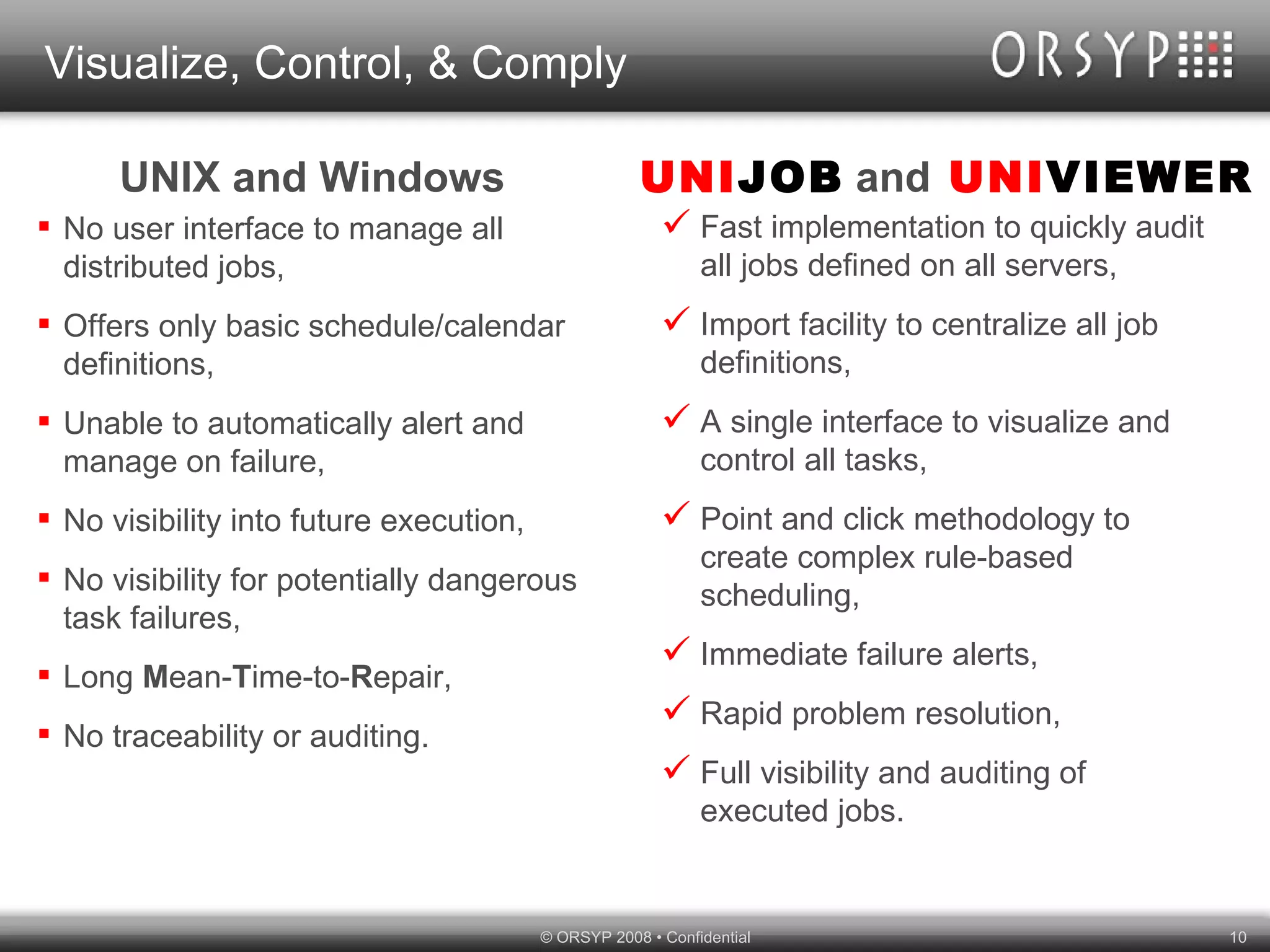 Visualize, Control, & Comply UNIX and Windows No user interface to manage all distributed jobs, Offers only basic schedule/calendar definitions, Unable to automatically alert and manage on failure, No visibility into future execution, No visibility for potentially dangerous task failures, Long  M ean- T ime-to- R epair,  No traceability or auditing.  UNI JOB   and   UNI VIEWER   Fast implementation to quickly audit all jobs defined on all servers, Import facility to centralize all job definitions, A single interface to visualize and control all tasks, Point and click methodology to create complex rule-based scheduling, Immediate failure alerts, Rapid problem resolution, Full visibility and auditing of executed jobs. 