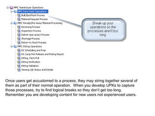 Once users get accustomed to a process, they may string together several of them as part of their normal operation.  When you develop UPKs to capture those processes, try to find logical breaks so they don’t get too long.  Remember you are developing content for new users not experienced users. 