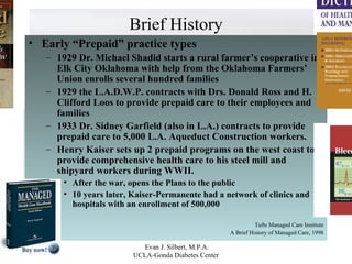 Brief History Early “Prepaid” practice types 1929 Dr. Michael Shadid starts a rural farmer’s cooperative in Elk City Oklahoma with help from the Oklahoma Farmers’ Union enrolls several hundred families 1929 the L.A.D.W.P. contracts with Drs. Donald Ross and H. Clifford Loos to provide prepaid care to their employees and families 1933 Dr. Sidney Garfield (also in L.A.) contracts to provide prepaid care to 5,000 L.A. Aqueduct Construction workers. Henry Kaiser sets up 2 prepaid programs on the west coast to provide comprehensive health care to his steel mill and shipyard workers during WWII.  After the war, opens the Plans to the public 10 years later, Kaiser-Permanente had a network of clinics and hospitals with an enrollment of 500,000 Tufts Managed Care Institute A Brief History of Managed Care, 1998 