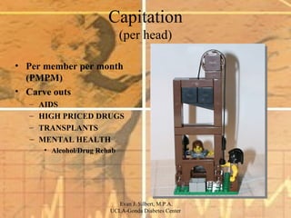 Capitation (per head) Per member per month (PMPM) Carve outs AIDS HIGH PRICED DRUGS TRANSPLANTS MENTAL HEALTH Alcohol/Drug Rehab 