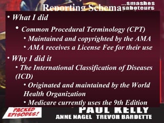 Reporting Schema What I did Common Procedural Terminology (CPT) Maintained and copyrighted by the AMA AMA receives a License Fee for their use Why I did it The International Classification of Diseases (ICD) Originated and maintained by the World Health Organization Medicare currently uses the 9th Edition 