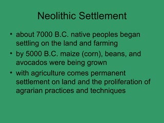 Neolithic Settlement about 7000 B.C. native peoples began settling on the land and farming by 5000 B.C. maize (corn), beans, and avocados were being grown with agriculture comes permanent settlement on land and the proliferation of agrarian practices and techniques 