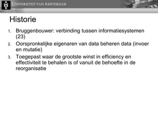 Historie Bruggenbouwer: verbinding tussen informatiesystemen (23) Oorspronkelijke eigenaren van data beheren data (invoer en mutatie) Toegepast waar de grootste winst in efficiency en effectiviteit te behalen is of vanuit de behoefte in de reorganisatie 