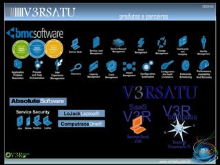produtos e parceiros Computrace One® LoJack Laptop® Service Desk V3R Suporte Financeiro TI Identity Management Service Level Management Service Request Management Dashboards and Analytics Service Desk Change Management Event Management Impact Management Discovery Configuration And Audit Compliance Capacity Management Asset Management Enterprise Scheduling Application Problem Resolution User Experience Management Process and Task Orchestration Configuration Automation Performance, Availability And Recovery Laptop Desktop PDA Mobile Service Security V3R compass V3R SaaS 