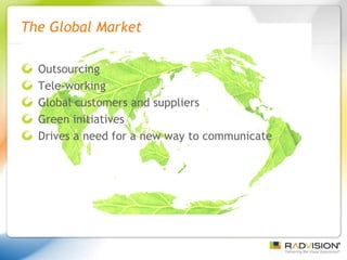 The Global Market Outsourcing Tele-working Global customers and suppliers Green initiatives Drives a need for a new way to communicate 