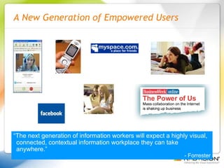 A New Generation of Empowered Users “ The next generation of information workers will expect a highly visual, connected, contextual information workplace they can take anywhere.” - Forrester 
