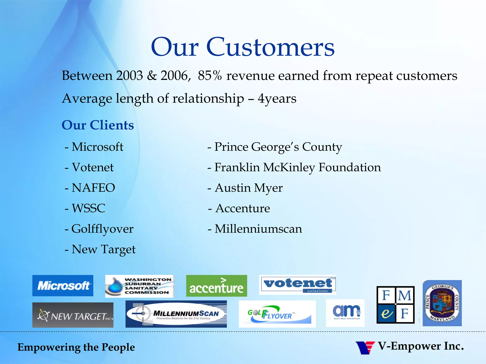 Our Customers Between 2003 & 2006,  85% revenue earned from repeat customers Average length of relationship – 4years Our Clients   - Microsoft - Prince George’s County - Votenet - Franklin McKinley Foundation - NAFEO - Austin Myer - WSSC   - Accenture - Golfflyover  - Millenniumscan - New Target 