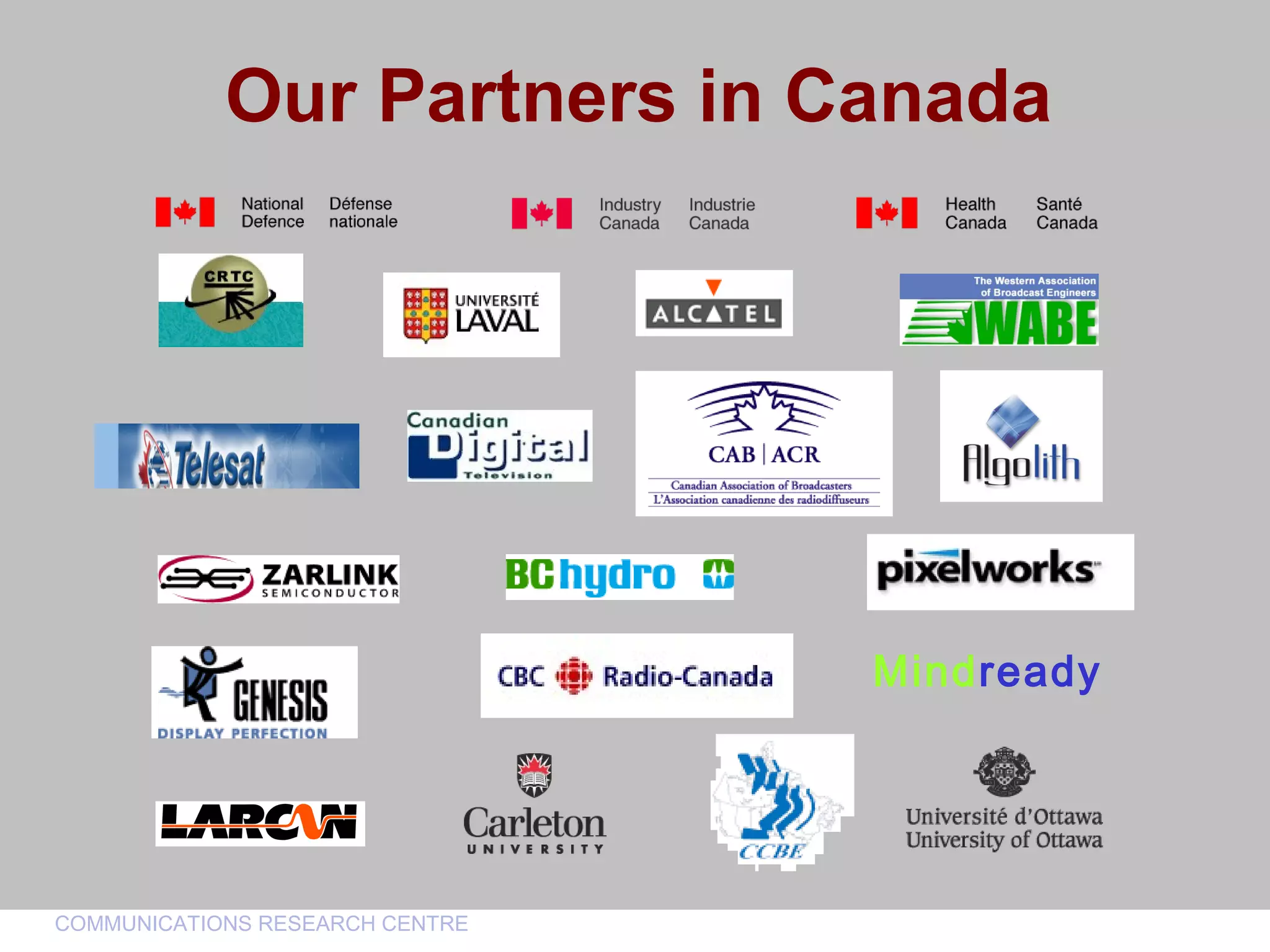 CommunicationsResearchCentreCanada
COMMUNICATIONS RESEARCH CENTRE
Our Partners in Canada
Mindready
 