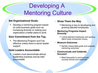 Developing A  Mentoring Culture <ul><li>Set Organizational Goals.   </li></ul><ul><ul><li>Develop a mentoring program base...