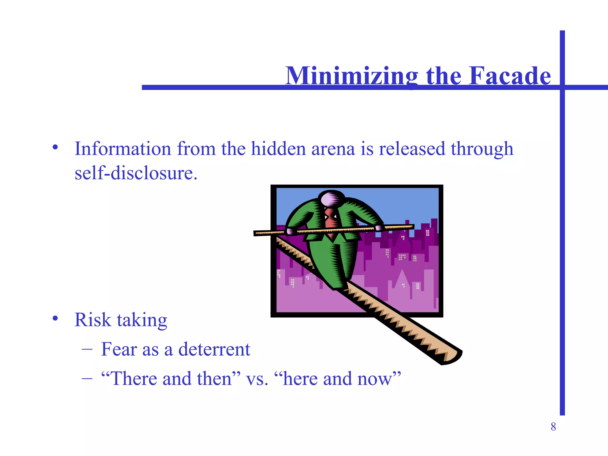 Minimizing the Facade Information from the hidden arena is released through self-disclosure. Risk taking Fear as a deterrent “There and then” vs. “here and now” 