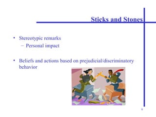 Sticks and Stones Stereotypic remarks Personal impact Beliefs and actions based on prejudicial/discriminatory behavior 