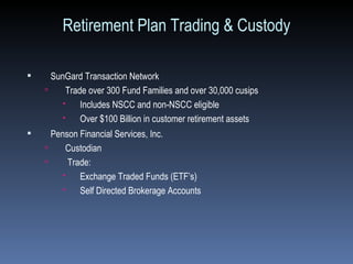 Retirement Plan Trading & Custody SunGard Transaction Network  Trade over 300 Fund Families and over 30,000 cusips Includes NSCC and non-NSCC eligible Over $100 Billion in customer retirement assets Penson Financial Services, Inc. Custodian Trade: Exchange Traded Funds (ETF’s)  Self Directed Brokerage Accounts  