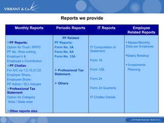 Reports we provide Employee Related Reports IT Reports Periodic Reports Monthly Reports Master/Monthly Data per Employee. Salary Breakup Investments Planning IT Computation of Statement. Form 16 Form 12B Form 24 Form 24 Quarterly IT Challan Details PF Related PF Reports: Form No. 3A Form No. 6A Form No. 12A Professional Tax Statement. Others PF Reports: Option for Trust / RPFC  PF No. Wise sorting Employer’s & Employee’s Contribution   PF Challan   For A/C os.1,2,10,21,22  Employer Share,  Employee Share.  PF Admin / DLI charges   Professional Tax Statement  Option for Category Wise / State wise  Other reports also 