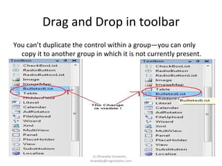 Drag and Drop in toolbar You can’t duplicate the control within a group—you can only copy it to another group in which it is not currently present. (c) Biswadip Goswami,  [email_address] 