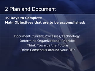 2 Plan and Document  19 Days to Complete  Main Objectives that are to be accomplished: Document Current Processes/Technology   Determine Organizational Priorities Think Towards the Future Drive Consensus around your RFP 