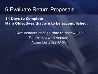 6 Evaluate Return Proposals 14 Days to Complete  Main Objectives that are to be accomplished: Give Vendors enough time to review RFP Follow –Up with Vendors Assemble a list FAQ’s 