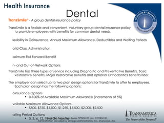 Dental TransSmile ®  -  A group dental insurance policy TransSmile is a flexible and convenient, voluntary group dental insurance policy  to provide employees with benefits for common dental needs. Flexibility in Coinsurance, Annual Maximum Allowance, Deductibles and Waiting Periods World-Class Administration Maximum Roll Forward Benefit In- and Out-of-Network Options TransSmile has three types of service including Diagnostic and Preventative Benefits, Basic Restorative Benefits, Major Restorative Benefits and optional Orthodontics Benefits rider. The employer can select up to two plan design options for TransSmile to offer to employees. Each plan design has the following options: Coinsurance Options 0-100% of Available Maximum Allowance (increments of 5%) Available Maximum Allowance Options $500, $750, $1,000, $1,250, $1,500, $2,000, $2,500 Waiting Period Options 0, 3, 6, 12, 18 or 24 months Annual Deductible Options $0, $25, $50, $75, $100, $150, $200, or $1,000 lifetime deductible Number of Deductibles Options No Limit, Maximum 2 per Family or Maximum 3 per Family TransSmile: Policy Form Series CPDEN100 and CCDEN100. Administration provided by Omega Administrators, Inc., Sherwood, Ark. 