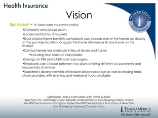 Vision SightSelect ®   -  A vision care insurance policy Complete annual eye exam Lenses and frame, if required Dual-choice frame benefit: participants can choose one of the frames on display at the provider location, or apply the frame allowance to any frame on the market Contact lenses are available in lieu of lenses and frame including four boxes of disposables Savings on PRK and LASIK laser eye surgery Employers can choose between two plans offering different co-payments and frequencies of service Spectera’s diverse network offers both private practice as well as leading retail chain providers with evening and weekend hours available SightSelect: Policy Form Series UHIC VisPol (04/02). Spectera, Inc. administers vision benefits underwritten by the following entities: United HealthCare Insurance Company, United HealthCare Insurance Company of New York and Unimerica Insurance Company, Inc. 