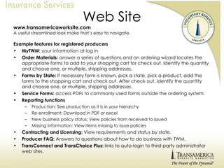 Web Site www.transamericaworksite.com A useful streamlined look make that’s easy to navigate. Example features for registered producers MyTWM:  your information at log in Order Materials:  answer a series of questions and an ordering wizard locates the appropriate forms to add to your shopping cart for check out. Identify the quantity and choose one, or multiple, shipping addresses. Forms by State:  If necessary form is known, pick a state, pick a product, add the forms to the shopping cart and check out. After check out, identify the quantity and choose one, or multiple, shipping addresses. Service Forms:  access PDFs to commonly used forms outside the ordering system. Reporting functions Production: See production as it is in your hierarchy Re-enrollment: Download in PDF or excel New business policy status: View policies from received to issued Missing Information: View items missing to issue policies Contracting and Licensing:  View requirements and status by state. Producer FAQ:  Answers to questions about how to do business with TWM. TransConnect and TransChoice Plus:  links to auto-login to third-party administrator web sites. 