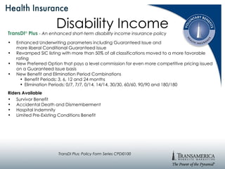 Disability Income TransDI ®   Plus   - An enhanced short-term disability income insurance policy Enhanced Underwriting parameters including Guaranteed Issue and  more liberal Conditional Guaranteed Issue Revamped SIC listing with more than 50% of all classifications moved to a more favorable rating New Preferred Option that pays a level commission for even more competitive pricing issued on a Guaranteed Issue basis  New Benefit and Elimination Period Combinations Benefit Periods: 3, 6, 12 and 24 months Elimination Periods: 0/7, 7/7, 0/14, 14/14, 30/30, 60/60, 90/90 and 180/180 Riders Available Survivor Benefit Accidental Death and Dismemberment Hospital Indemnity Limited Pre-Existing Conditions Benefit TransDI Plus: Policy Form Series CPDI0100 