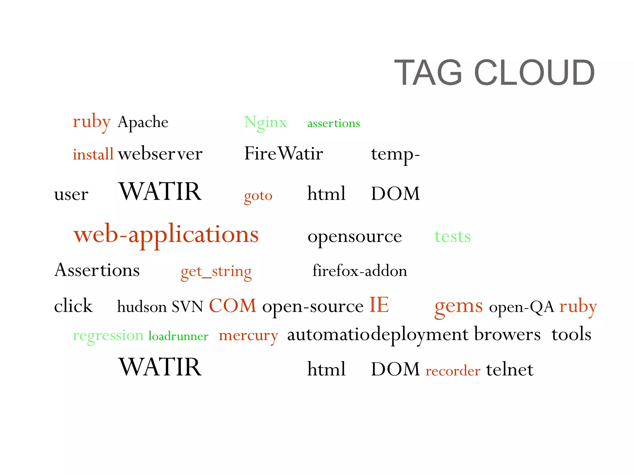 TAG CLOUD ruby Apache Nginx assertions install webserver FireWatir temp- user WATIR goto html DOM web-applications opensource tests Assertions  get_string   firefox-addon   click hudson SVN  COM  open-source  IE gems  open-QA  ruby  regression  loadrunner  mercury  automatio deployment browers  tools WATIR html DOM  recorder  telnet 