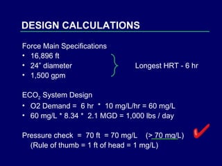 Force Main Specifications 16,896 ft 24” diameter  Longest HRT - 6 hr 1,500 gpm ECO 2  System Design O2 Demand =  6 hr  *  10 mg/L/hr = 60 mg/L  60 mg/L * 8.34 *  2.1 MGD = 1,000 lbs / day Pressure check  =  70 ft  = 70 mg/L  (> 70 mg/L) (Rule of thumb = 1 ft of head = 1 mg/L) DESIGN CALCULATIONS 