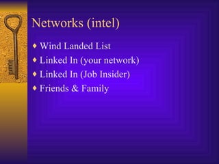 Networks (intel) <ul><li>Wind Landed List </li></ul><ul><li>Linked In (your network) </li></ul><ul><li>Linked In (Job Insi...