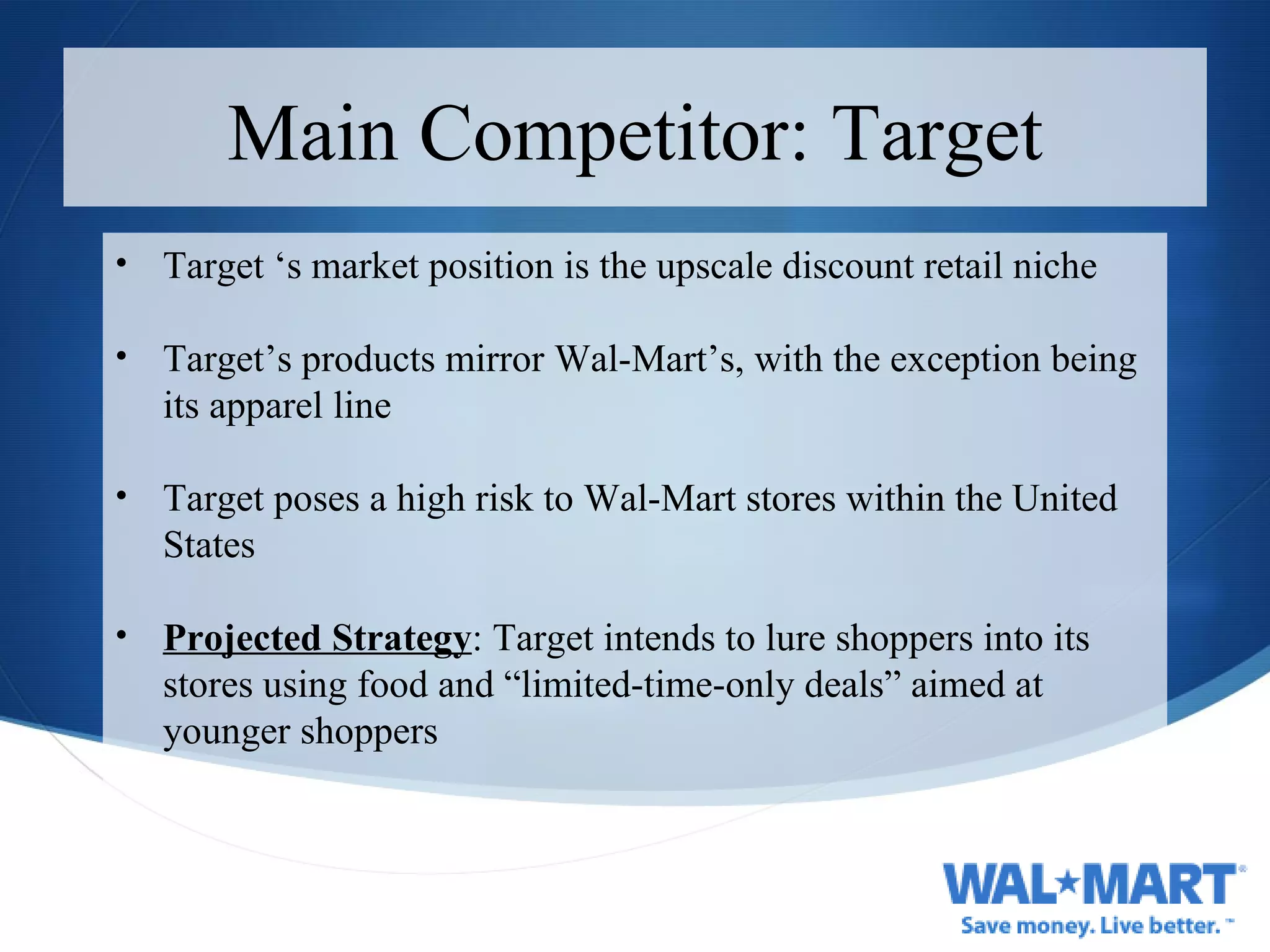Main Competitor: Target Target ‘s market position is the upscale discount retail niche Target’s products mirror Wal-Mart’s, with the exception being its apparel line Target poses a high risk to Wal-Mart stores within the United States Projected Strategy : Target intends to lure shoppers into its stores using food and “limited-time-only deals” aimed at younger shoppers  