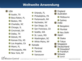 Weltweite Anwendung USA Austin, TX Boca Raton, FL Boston, MA  Charlotte, NC Chicago, IL Cincinnati, OH Dallas, TX Detroit, MI Kansas City, KS Los Angeles, CA Miami, FL Minneapolis, MN New York, NY England Australien Melbourne Sydney India  Bangalore Mumbai Neu Delhi Japan Osaka Tokyo Singapore Deutschland Düsseldorf Frankfurt Schweiz Zürich Orlando, FL Philadelphia, PA Portsmouth, NH Rochester, NY San Diego, CA San Francisco, CA Seattle, WA St. Louis, MO Washington, DC White Plains, NY Kanada  Montreal Toronto Vancouver 