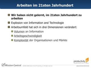 Arbeiten im 21sten Jahrhundert   Wir haben nicht gelernt, im 21sten Jahrhundert zu arbeiten Explosion von Information and Technologie Arbeitsumfeld hat sich in drei Dimensionen verändert: Volumen  an Information  Arbeitsgeschwindigkeit Komplexität  der Organisationen und Märkte  