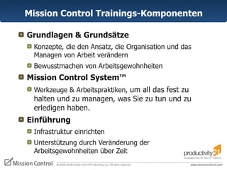 Mission Control Trainings-Komponenten Grundlagen & Grundsätze  Konzepte, die den Ansatz, die Organisation und das Managen von Arbeit verändern  Bewusstmachen von Arbeitsgewohnheiten Mission Control System ™ Werkzeuge & Arbeitspraktiken,  um all das fest zu halten und zu managen, was Sie zu tun und zu erledigen haben. Einführung Infrastruktur einrichten Unterstützung durch Veränderung der Arbeitsgewohnheiten über Zeit 