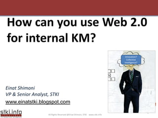 How can you use Web 2.0
for internal KM?
                                                                           Innovation?
                                                                            Collective
                                                                          Intelligence?




Einat Shimoni
VP & Senior Analyst, STKI
www.einatstki.blogspot.com
                                                                                          1
                 All Rights Reserved @Einat Shimoni, STKI www.stki.info
 