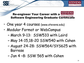 Re-engineer Your Career with a Stevens Software Engineering Graduate Certificate One year 4 courses  (www.stevens.edu)   Modular Format or WebCampus March 9-13:  SSW533 with Laird May 14-15,18-20 SSW540 with Cohen August 24-28: SSW564/SYS625 with Barrese Jan 4 –8: SSW 565 with Cohen 