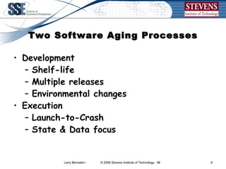 Two Software Aging Processes Development Shelf-life Multiple releases Environmental changes Execution Launch-to-Crash State & Data focus 