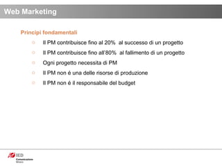Principi fondamentali Il PM contribuisce fino al 20%  al successo di un progetto Il PM contribuisce fino all’80%  al fallimento di un progetto Ogni progetto necessita di PM Il PM non é una delle risorse di produzione Il PM non é il responsabile del budget Web Marketing 