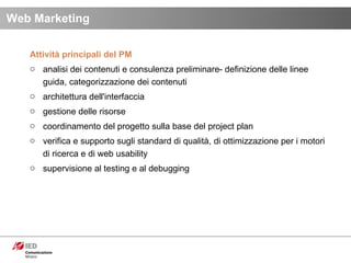 Attività principali del PM analisi dei contenuti e consulenza preliminare- definizione delle linee guida, categorizzazione dei contenuti architettura dell'interfaccia gestione delle risorse coordinamento del progetto sulla base del project plan verifica e supporto sugli standard di qualità, di ottimizzazione per i motori di ricerca e di web usability supervisione al testing e al debugging Web Marketing 