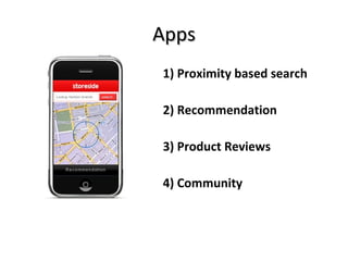 Apps 1) Proximity based search 2) Recommendation 3) Product Reviews 4) Community 