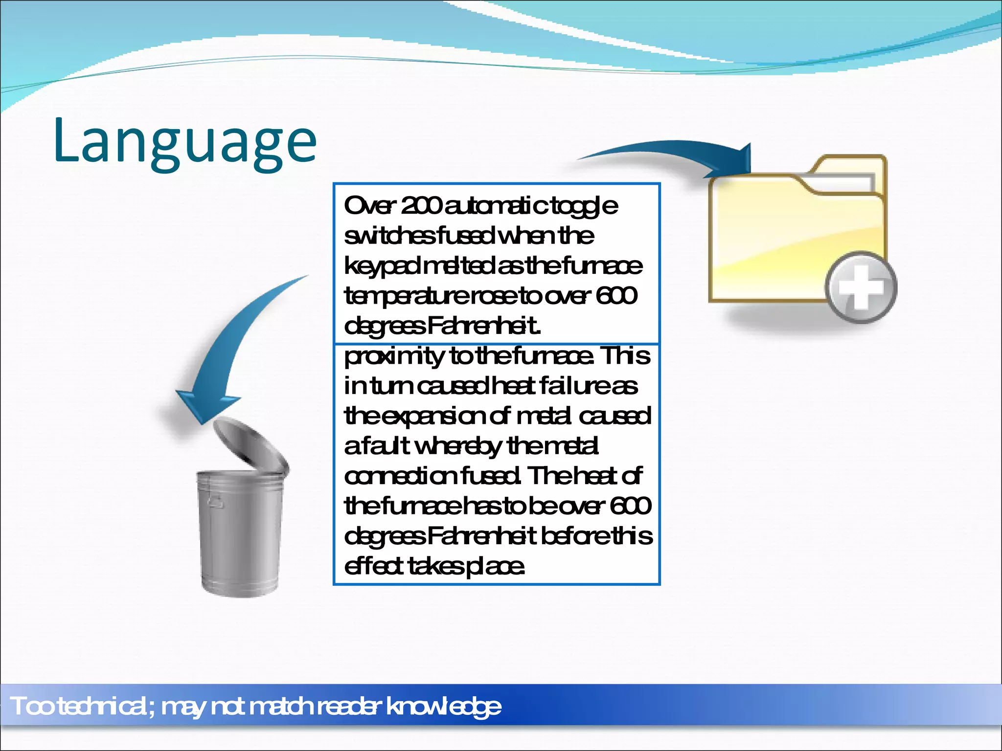 Language The 15ATS series toggle switches, in excess of 200 in total, were subject to the extreme of temperatures caused by being in close proximity to the furnace. This in turn caused heat failure as the expansion of metal caused a fault whereby the metal connection fused. The heat of the furnace has to be over 600 degrees Fahrenheit before this effect takes place. Over 200 automatic toggle switches fused when the keypad melted as the furnace temperature rose to over 600 degrees Fahrenheit. Too technical; may not match reader knowledge 