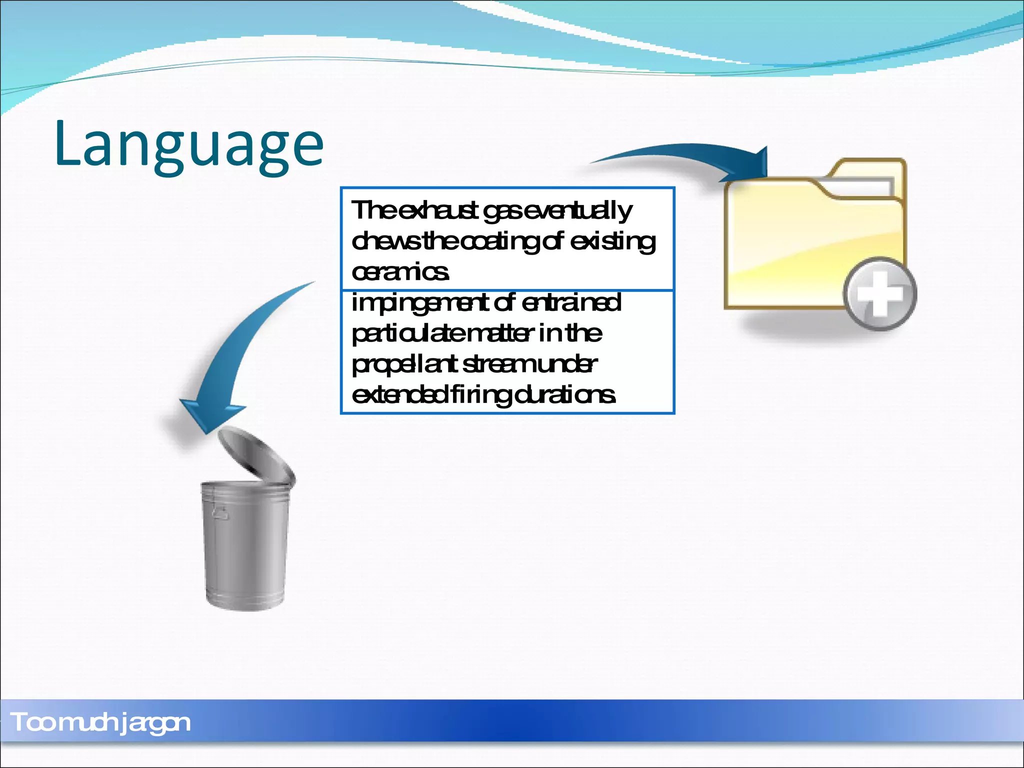 Language Most refractory coatings to date exhibit a lack of reliability when subject to the impingement of entrained particulate matter in the propellant stream under extended firing durations. The exhaust gas eventually chews the coating of existing ceramics. Too much jargon 