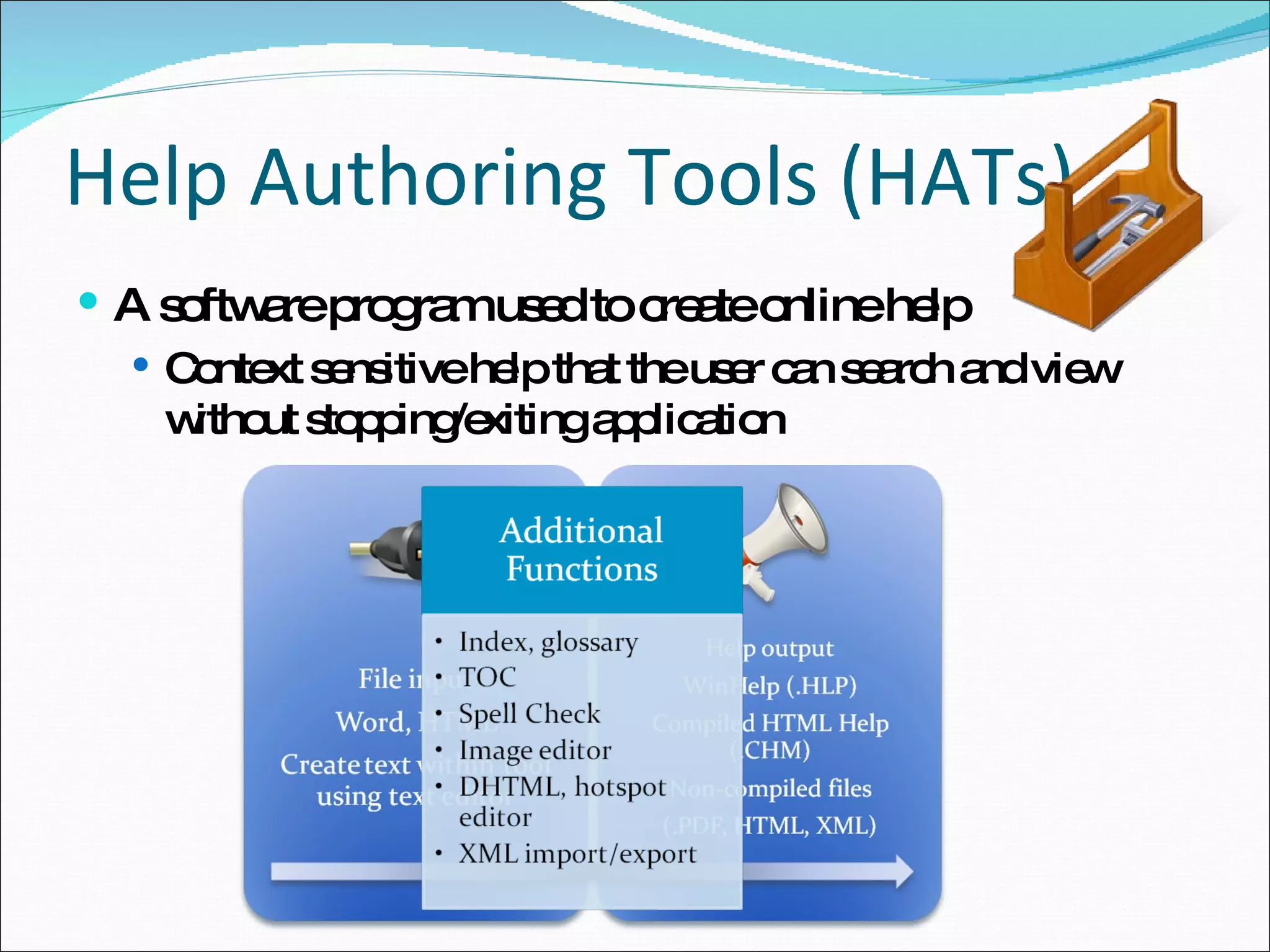 Help Authoring Tools (HATs) A software program used to create online help Context sensitive help that the user can search and view without stopping/exiting application 