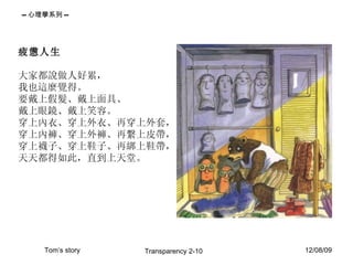 疲憊人生 大家都說做人好累， 我也這麼覺得。 要戴上假髮、戴上面具、 戴上眼鏡、戴上笑容。 穿上內衣、穿上外衣、再穿上外套， 穿上內褲、穿上外褲、再繫上皮帶， 穿上襪子、穿上鞋子、再綁上鞋帶， 天天都得如此，直到上天堂。 