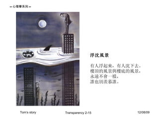 浮沈風景 有人浮起來，有人沈下去。 樓頂的風景與樓底的風景， 永遠不會一樣， 誰也別羨慕誰。 