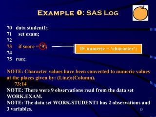 Example : SAS Log

70 data student1;
71 set exam;
72
73 if score = '9';            IF numeric = ‘character’;
74
75 run;

NOTE: Character values have been converted to numeric values
at the places given by: (Line):(Column).
    73:14
NOTE: There were 9 observations read from the data set
WORK.EXAM.
NOTE: The data set WORK.STUDENT1 has 2 observations and
3 variables.                                           15
 